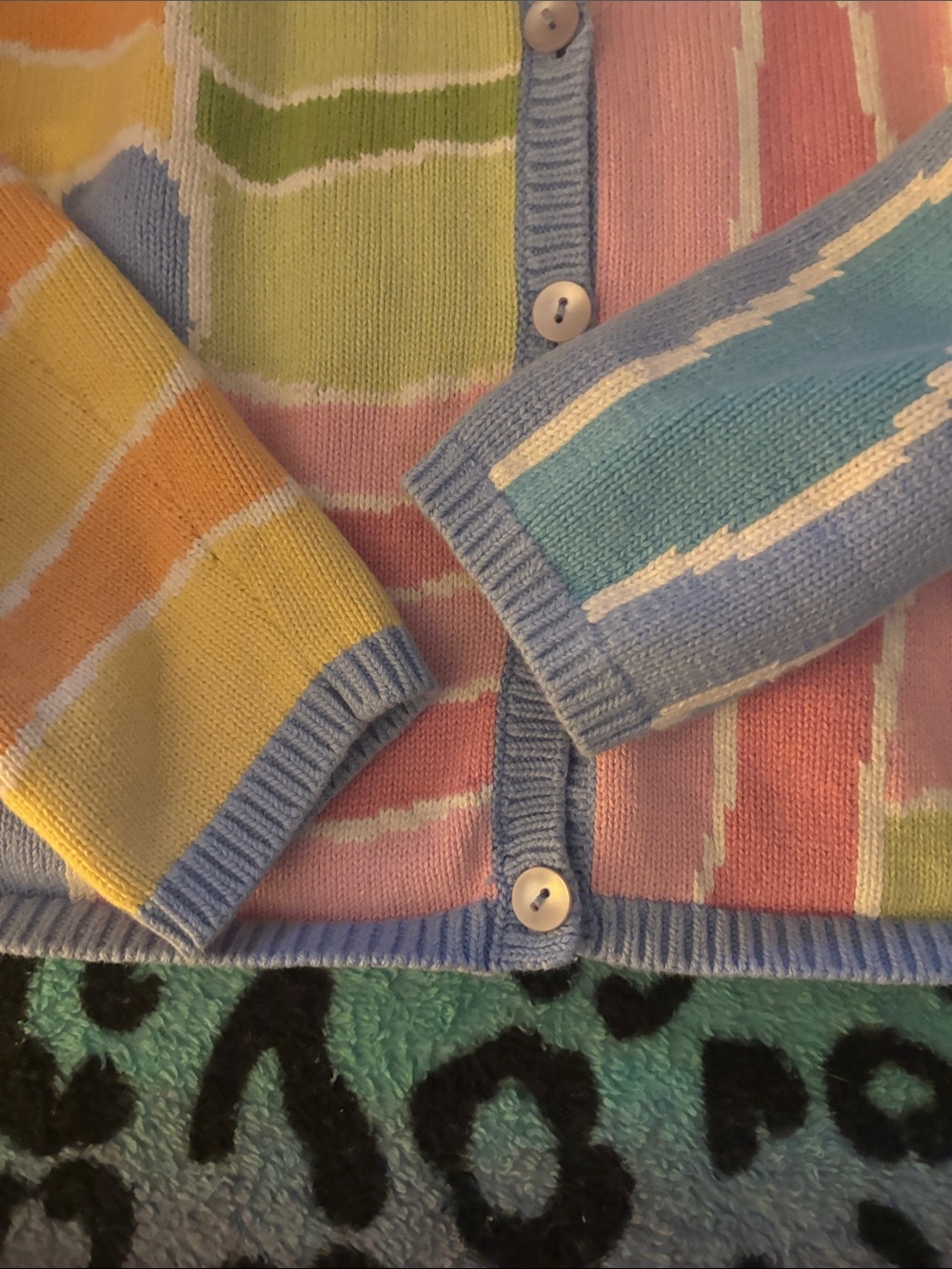 Vintage Talbots Pastel Patchwork Button Cardigan - Pink Blue Yellow Green Cream - Picture 4 of 6